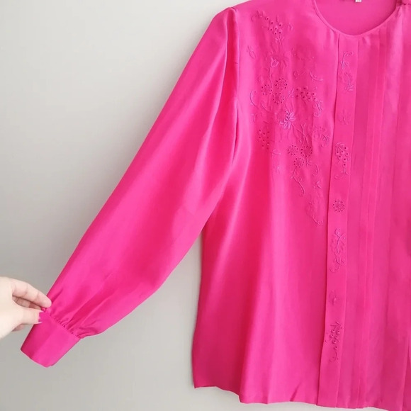 Vintage Peony Pure Silk Hand Embroidered Pink Long Sleeve Blouse Size 34 Small - Picture 10 of 17